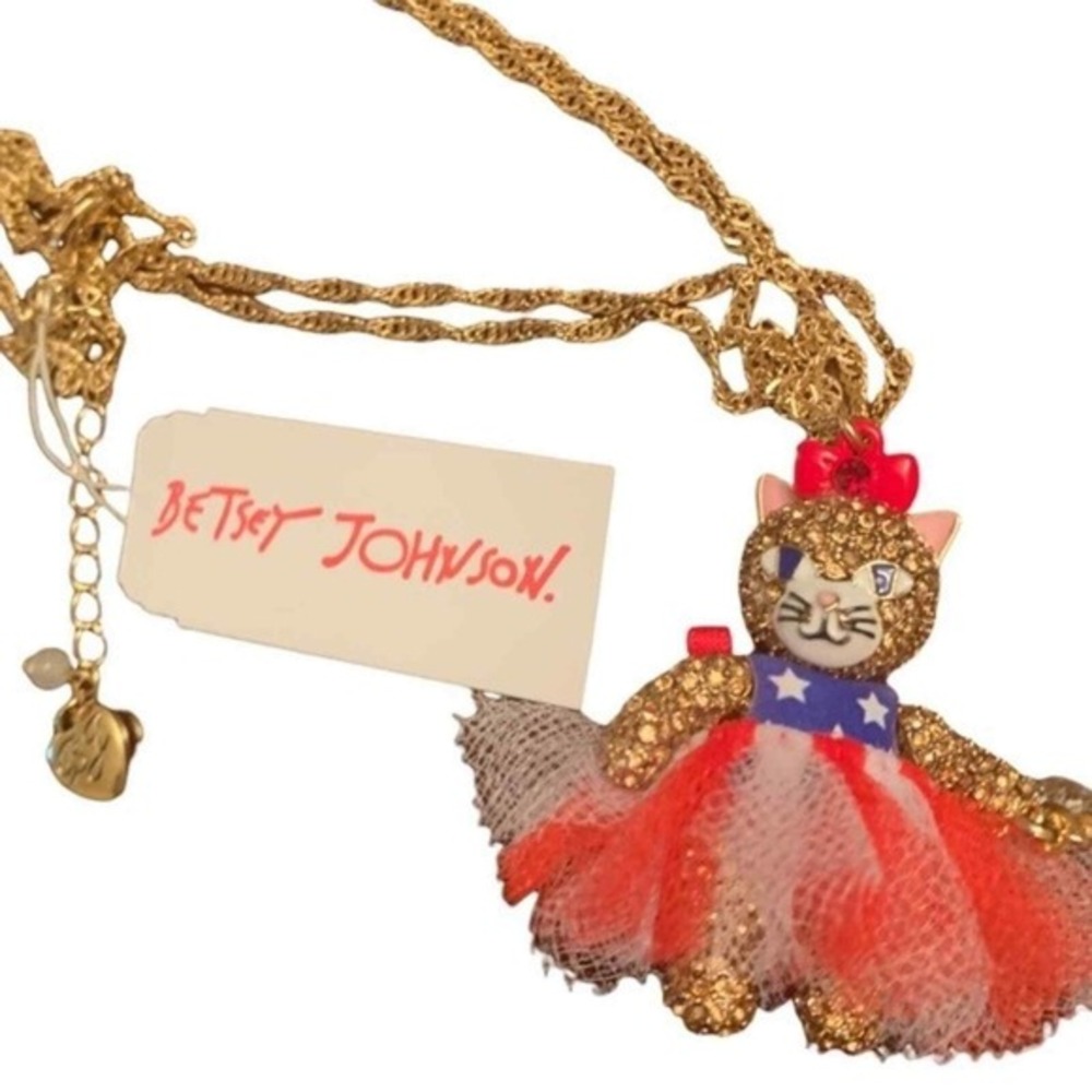 Betsey Johnson Gold‎ Tone Cat Charm Necklace Red White Blue Tutu Star New - Picture 3 of 10